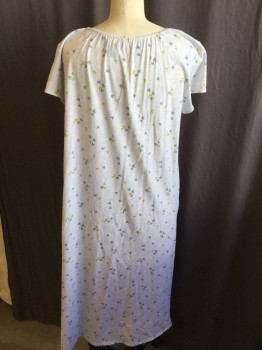 Womens, Nightgown, EARTH ANGELS, White, Baby Blue, Gray, Yellow, Blue, Cotton, Polyester, Floral, M, Square Neck with Baby Blue Ribbon Lacing Through Trim  Bow Tie, with White Lace & Horizontal Pleat Work,  Cap Sleeves, 7 Button Front, Floor Length