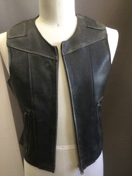 Mens, Leather Vest, YKK, Black, Leather, Solid, 40, Pebbled Leather, Zip Front, Crew Neck, Zip Pockets, Distressed, Quilted Back Waist