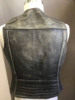 Mens, Leather Vest, YKK, Black, Leather, Solid, 40, Pebbled Leather, Zip Front, Crew Neck, Zip Pockets, Distressed, Quilted Back Waist