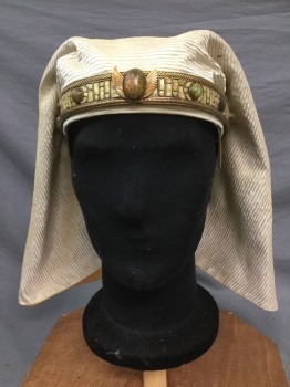 Mens, Historical Fiction Hat , MTO, Cream, Gold, Silk, Metallic/Metal, Solid, M/L, EGYPTIAN NEMES  Silk and Brassd with Semi Precious Stones , Gold Lining to Silk Head Cover