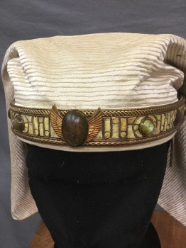 Mens, Historical Fiction Hat , MTO, Cream, Gold, Silk, Metallic/Metal, Solid, M/L, EGYPTIAN NEMES  Silk and Brassd with Semi Precious Stones , Gold Lining to Silk Head Cover
