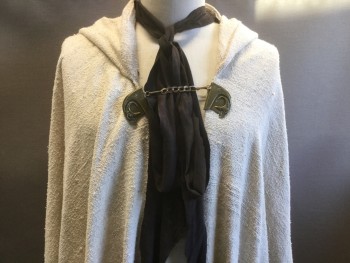 Mens, Historical Fiction Robe, MTO, Off White, Dk Brown, Cotton, Silk, Solid, OS, Natural Cape with Hoodie,  Dark Brown Leather Scarf Like Tie, Brass Brooch with Chain Closure