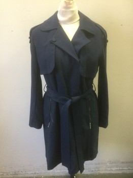AB, Navy Blue, Polyester, Viscose, Solid, Snap Closures, Notched Collar, Epaulettes, **With Matching Belt