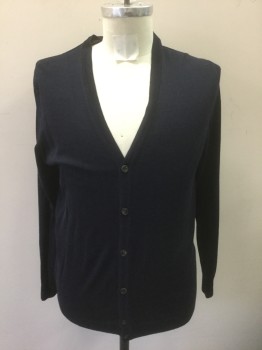AUTOGRAPH, Navy Blue, Wool, Silk, Solid, Dark Navy, Knit, Long Sleeves, V-neck, 6 Buttons