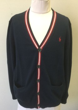 Childrens, Cardigan Sweater, POLO RALPH LAUREN, Navy Blue, Red, White, Cotton, Solid, Stripes, 10/12, M, Boys, Solid Navy Knit with Red and White Stripe at V-neck and Center Front Button Placket, 5 Buttons, Long Sleeves, 2 Pockets, Red Polo Logo Embroidery at Chest
