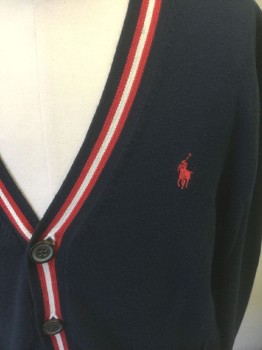 Childrens, Cardigan Sweater, POLO RALPH LAUREN, Navy Blue, Red, White, Cotton, Solid, Stripes, 10/12, M, Boys, Solid Navy Knit with Red and White Stripe at V-neck and Center Front Button Placket, 5 Buttons, Long Sleeves, 2 Pockets, Red Polo Logo Embroidery at Chest