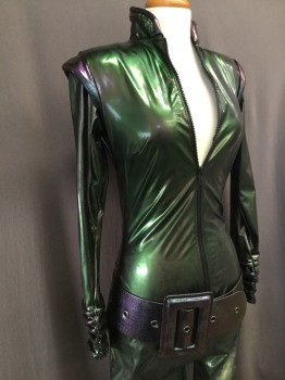Womens, Sci-Fi/Fantasy Piece 1, N/L, Iridescent Green, Iridescent Purple, Vinyl, Solid, 26w, 34b, 35h, Zip Front, Long Sleeves, Stand Collar, Fat Piping at Collar and Sleeve Cuffs, Cuffs Have Zips, Shoulder Pads with Padded Shoulder Accent