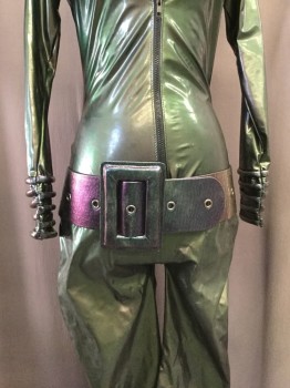 Womens, Sci-Fi/Fantasy Piece 1, N/L, Iridescent Green, Iridescent Purple, Vinyl, Solid, 26w, 34b, 35h, Zip Front, Long Sleeves, Stand Collar, Fat Piping at Collar and Sleeve Cuffs, Cuffs Have Zips, Shoulder Pads with Padded Shoulder Accent