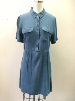 URBAN OUTFITTERS, French Blue, Viscose, Solid, Short Sleeves, Button Front Top, Collar Attached, 2 Flap Pockets, Hem Above Knee