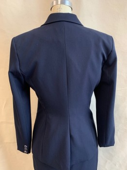 TOMMY HILFIGER, Navy Blue, Polyester, Rayon, Solid, Single Breasted, 1 Button, 3 Pockets, Peaked Lapel, 3 Button Cuffs, 1 Back Vent