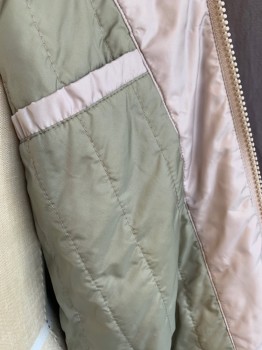 BEN SHERMAN, Lt Gray, Lt Olive Grn, Olive Green, Dk Brown, Ecru, Polyester, Nylon, Solid, Stripes - Vertical , Collar Attached with Zipper and Hood Inside, 3/4" Olive Vertical Ribbon on Left & Dark Brown Ribbon on the Right, Light Olive Vertical Light Weight Quilt Lining, Zip Front, 2 Slant Pockets with Zipper, Ecru Ribbed Knit Long Sleeves Cuff & Hem