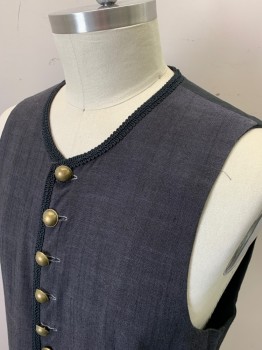 N/L, Gray, Linen, Cotton, Heathered, Mens Vest and Coat 2pc Outfit 1700's. 10 Brass Button Front Closure, 1 Button on Pocket Flap, Slit Center Back,