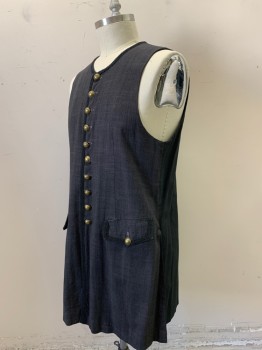 N/L, Gray, Linen, Cotton, Heathered, Mens Vest and Coat 2pc Outfit 1700's. 10 Brass Button Front Closure, 1 Button on Pocket Flap, Slit Center Back,