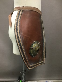 Mens, Historical Fiction Skirt, MTO, Brown, Black, Teal Blue, Brass Metallic, Caramel Brown, Leather, Metallic/Metal, Solid, Geometric, 36-42, Leather Thigh Covering, Adjustable Belt with Buckle Back, Leather with Rustic Woven Fabric Edge Applique, Brass and Carnelian Half Sphere Medallion Right Thigh, Aged, Ottoman, Sci-fi, Medieval, Multiple