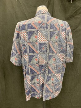 RED TIDE, Navy Blue, Red, Gray, White, Cotton, Hawaiian Print, Triangle Patchwork, Fishes, Button Front, Collar Attached, Short Sleeves