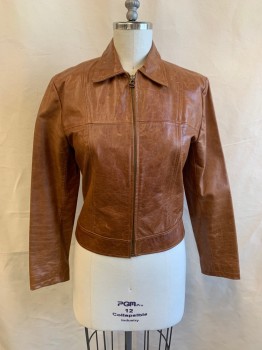 Womens, Leather Jacket, SANDRO, Lt Brown, Leather, Solid, Faded, L, Collar Attached, Zip Front, *Aged/Distressed*