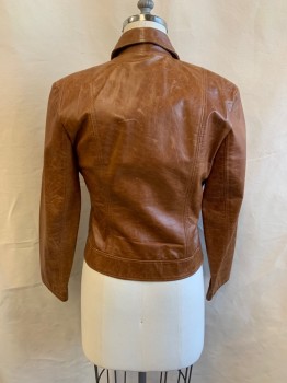 Womens, Leather Jacket, SANDRO, Lt Brown, Leather, Solid, Faded, L, Collar Attached, Zip Front, *Aged/Distressed*