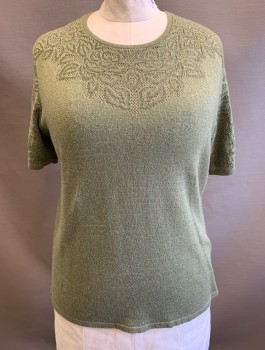 ALFRED DUNNER, Sage Green, Acrylic, Solid, Knit, Short Sleeves, Round Neck,  Floral Texture Around Neck/Shoulders and Sleeves