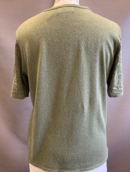 ALFRED DUNNER, Sage Green, Acrylic, Solid, Knit, Short Sleeves, Round Neck,  Floral Texture Around Neck/Shoulders and Sleeves