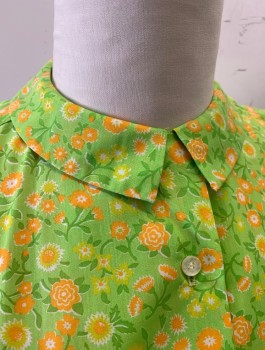 Womens, Blouse, COUNTRY SHIRT, Lime Green, Orange, White, Chartreuse Green, Poly/Cotton, Floral, B:40, 3/4 Sleeves, Button Front, Rounded Collar