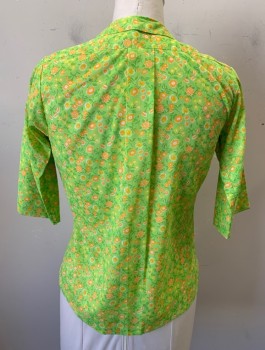 COUNTRY SHIRT, Lime Green, Orange, White, Chartreuse Green, Poly/Cotton, Floral, 3/4 Sleeves, Button Front, Rounded Collar