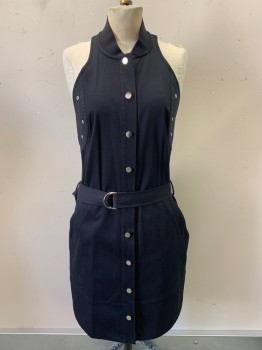 Womens, Dress, Sleeveless, Vanessa Bruno, Baby Blue, Silver, Cotton, Elastane, Solid, S, Shawl Lapel, Button Front, Snap Buttons, 2 Pockets, with Belt, Elastic Around Neck & Ribs