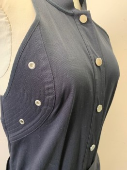 Womens, Dress, Sleeveless, Vanessa Bruno, Baby Blue, Silver, Cotton, Elastane, Solid, S, Shawl Lapel, Button Front, Snap Buttons, 2 Pockets, with Belt, Elastic Around Neck & Ribs