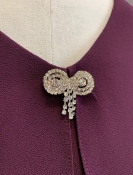 Womens, Cocktail Dress, PATRA WOMAN, Aubergine Purple, Polyester, Solid, B:50", Sz.24, Crepe, Long Sleeves, V-neck, Silver Rhinestoned Brooch Shaped Like a Bow at Center Front, Padded Shoulders, "Jacket" Attached to Dress Underneath, Tiers of Layered Fabric, Hem Below Knee