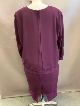 Womens, Cocktail Dress, PATRA WOMAN, Aubergine Purple, Polyester, Solid, B:50", Sz.24, Crepe, Long Sleeves, V-neck, Silver Rhinestoned Brooch Shaped Like a Bow at Center Front, Padded Shoulders, "Jacket" Attached to Dress Underneath, Tiers of Layered Fabric, Hem Below Knee