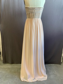 Womens, Evening Gown, AQUA DRESSES, Blush Pink, Polyester, Solid, 6, Strapless, White and Silver Striped Beaded Mesh Bodice, Chiffon Gathered Skirt, Floor Length Hem