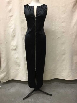Womens, Evening Gown, Black, Rayon, Lycra, Solid, 30, B36, Crew Neck, Zip Front, Sleeveless Satin Rayon