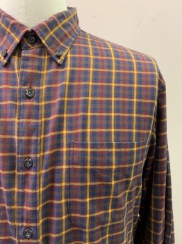 J CREW, Navy Blue, Mustard Yellow, Red, Brown, Cotton, Plaid, L/S, Button Front, Collar Attached, Chest Pocket