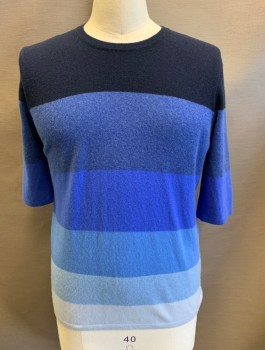 PRINGLE OF SCOTLAND, Blue, Navy Blue, Slate Blue, French Blue, Lt Blue, Cashmere, Color Blocking, Stripes - Horizontal , Horizontal Sections of Dark to Light Blue (Darkest Navy at Top), Knit, Round Neck, 1/2 Sleeves, Unusual Esoteric Design