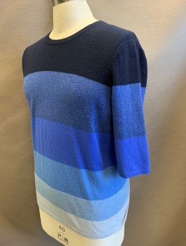 PRINGLE OF SCOTLAND, Blue, Navy Blue, Slate Blue, French Blue, Lt Blue, Cashmere, Color Blocking, Stripes - Horizontal , Horizontal Sections of Dark to Light Blue (Darkest Navy at Top), Knit, Round Neck, 1/2 Sleeves, Unusual Esoteric Design