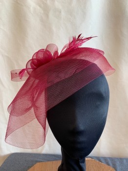 Womens, Fascinator, N/L, Cranberry Red, Plastic, Feathers, Solid, Ribbon Wrapped Headband with Plastic Horsehair Rosette and Veil, Rhinestones and Feathers