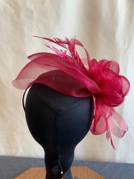 Womens, Fascinator, N/L, Cranberry Red, Plastic, Feathers, Solid, Ribbon Wrapped Headband with Plastic Horsehair Rosette and Veil, Rhinestones and Feathers