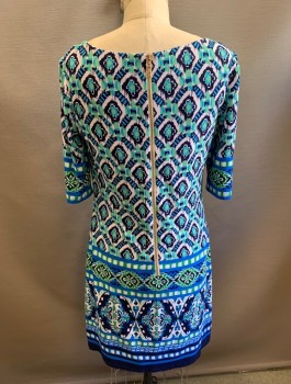 ELIZA J., Blue, Mint Green, White, Navy Blue, Polyester, Spandex, Abstract , Stretchy Fabric, 3/4 Sleeves, Boat Neck, Shift Dress, Hem Above Knee, Exposed Gold Zipper in Back