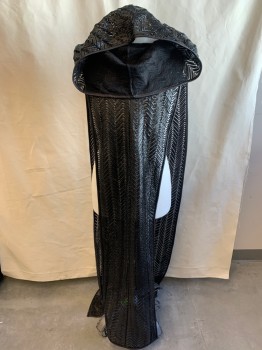 Mens, Historical Fiction Tabard, MTO, Black, Faux Leather, Synthetic, Herringbone, O/S, Hood Attached, Cowl, Pleather Herringbone on Black Netting