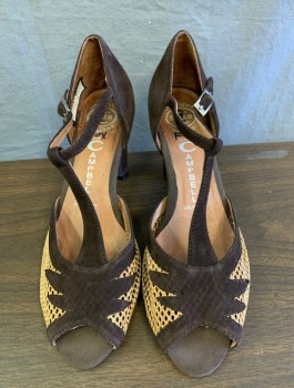 Womens, Shoes, JEFFREY CAMPBELL, Espresso Brown, Tan Brown, Suede, Nylon, 8, Reproduction, Accents of Tan Nylon Mesh, Peep Toe, T-Strap, 3" Heel