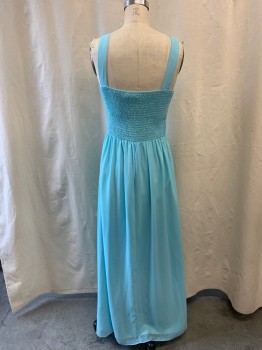 Womens, Evening Gown, QUIZ, Sky Blue, Polyester, 6, Round Neckline, Waist Band Goes From Thin at Center to Thicker on Sides, Rectangle Rhinestones on Neckline & Waist Band, Pleated Bodice, Shirred Back, Floor Length