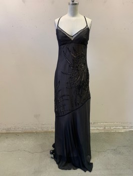 Womens, Evening Gown, BCBG, Black, Champagne, Silk, 4, Champagne Satin with Black Chiffon Overlay, Beaded Abstract Shape Fagoting, Adjustable Spaghetti Straps That Cross in the Back, Side Zip, Floor Length Hem