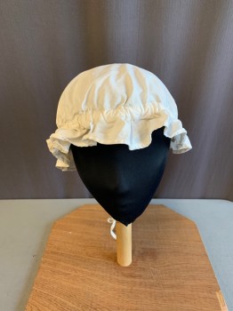 Womens, Historical Fiction Hat, MTO, Off White, Cotton, Solid, O/S, 1700s, Drawstring Ties, Ruffle Trim *Aged/Distressed*