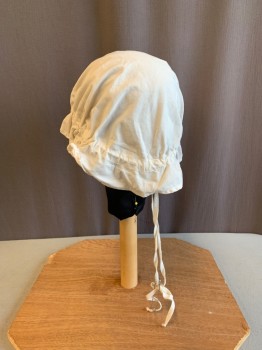 Womens, Historical Fiction Hat, MTO, Off White, Cotton, Solid, O/S, 1700s, Drawstring Ties, Ruffle Trim *Aged/Distressed*