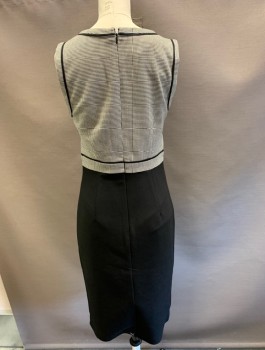 HOBBS, Black, White, Polyester, Nylon, Houndstooth, CN, Piping at Neck, Armhole, and Waist. Solid Black Skirt