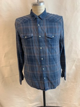 Mens, Western, LUCKY BRAND, Blue, Blue-Gray, Red Burgundy, Gray, Cotton, Plaid, M, C.A., Snap Front, 2 Pckts, L/S, 2 Snap and 1 Button Cuffs