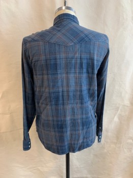 Mens, Western, LUCKY BRAND, Blue, Blue-Gray, Red Burgundy, Gray, Cotton, Plaid, M, C.A., Snap Front, 2 Pckts, L/S, 2 Snap and 1 Button Cuffs