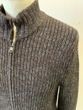BANANA REPUBLIC, Chocolate Brown, Blue-Gray, Wool, 2 Color Weave, L/S, Zip Front, Two Way Zipper, Heavy Knit
