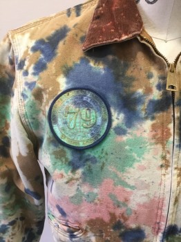 CARHARTT, Brown, Blue, Beige, Mint Green, Pink, Cotton, Tie-dye, Zip Front, Corduroy Collar Attached, 3 Pockets, "79" Patch on Chest, "LOCAL 79" and USA Flag Embroidered on Left Sleeve, Snap Cuff, Button Snap at Back Waist, Pleated Back
