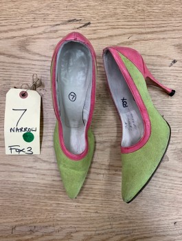 Womens, Shoe, N/L, Pea Green, Pink, Leather, Cotton, Color Blocking, 7, PUMPS, Pointed Toes