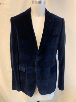 PAUL SMITH, Midnight Blue, Cotton, Plaid, Single Breasted, 2 Buttons, 3 Pockets, Peaked Lapel, Single Vent, Velvet